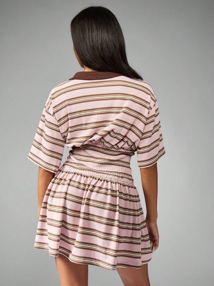 MISSGUIDED レトロストライプポロミニワンピース、スモックウエスト、七分袖、リブ生地、春夏のお出かけに最適
