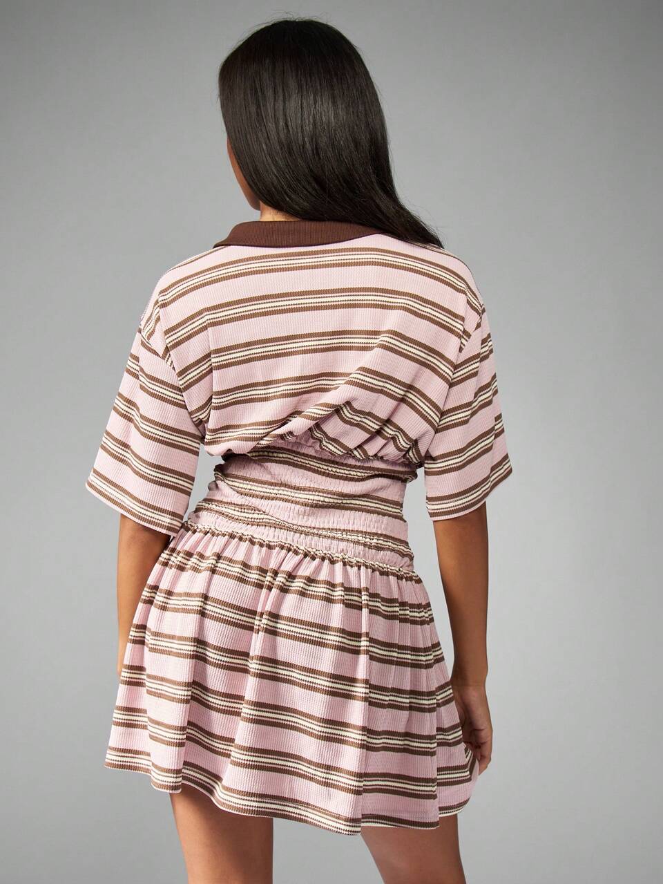 MISSGUIDED Retro Striped Polo Mini Dress With Smocked Waist Detail And Three Quarter Sleeves Ribbed Fabric Perfect For Spring Summer Day Out
