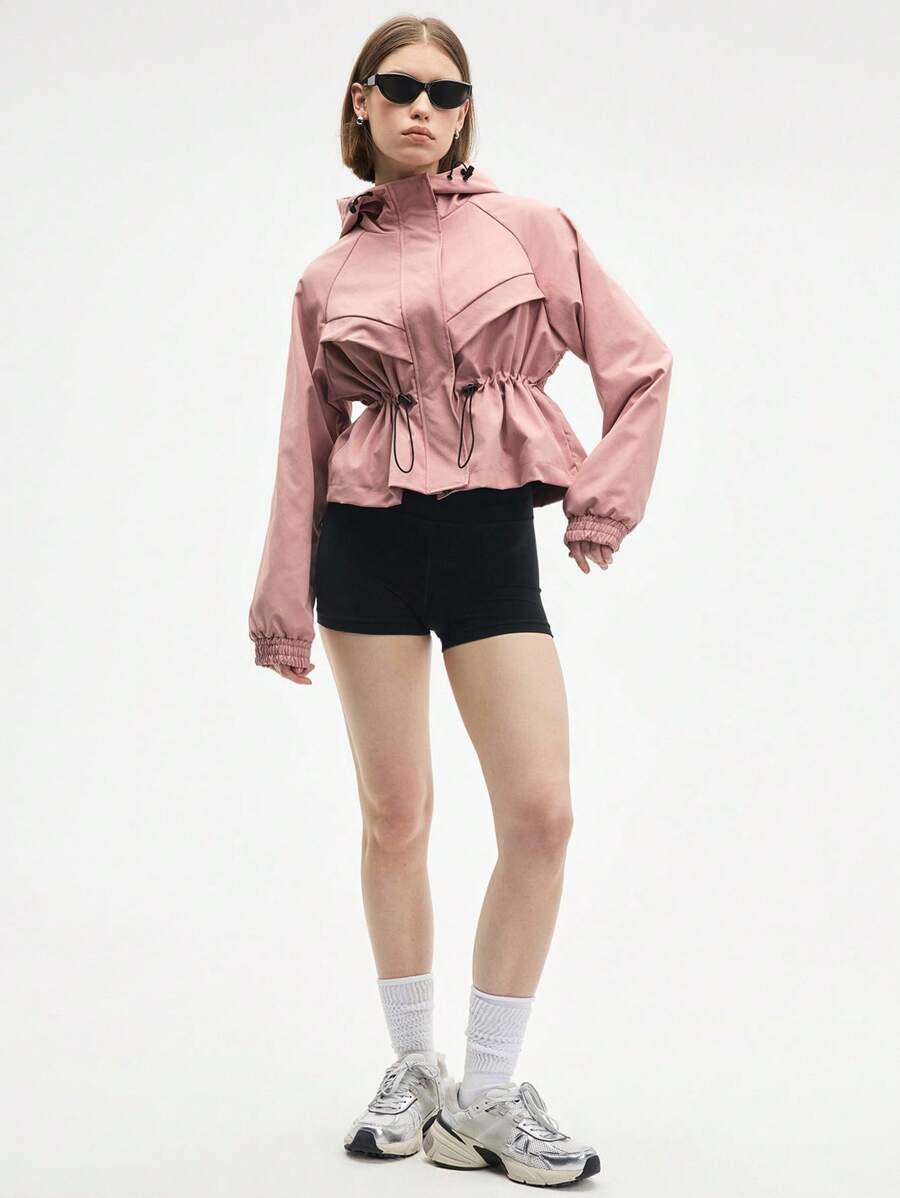 Gameset SHEIN Sport Chaqueta deportiva con capucha, mangas raglán y cordón de ajuste en la cintura, en color liso para mujer - Rosa - Ver 1
