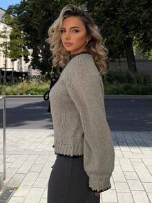 Jeta Ari Áo khoác cardigan dài tay thắt nút phía trước họa tiết tương phản cho nữ - Xám - Xem 6