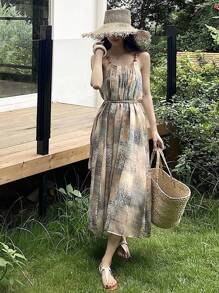 DAZY Women's V-Neck Floral Print Mid-Calf Belted Summer Vacation Dress Maxi Dress Cruise Outfit For Women Boho - Apricot - View 4