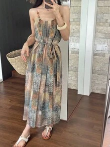 DAZY Women's V-Neck Floral Print Mid-Calf Belted Summer Vacation Dress Maxi Dress Cruise Outfit For Women Boho - Apricot - View 9