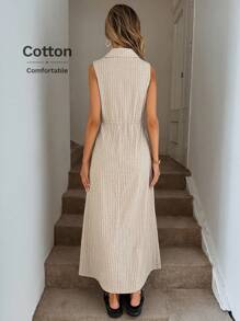 Easowa V 领纽扣前开高开衩春夏无袖连衣裙，条纹棉质面料 Old Money 风格 - 杏色 - 查看 2