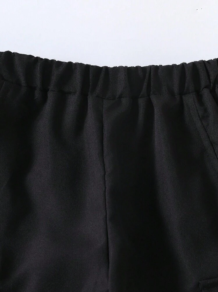 SHEIN ChillGRL Conjunto deportivo y casual para niñas, camiseta de béisbol con gráfico de rayas y mangas abullonadas con lazo, junto con pantalones cargo negros, moda - Rosa - Añade 5