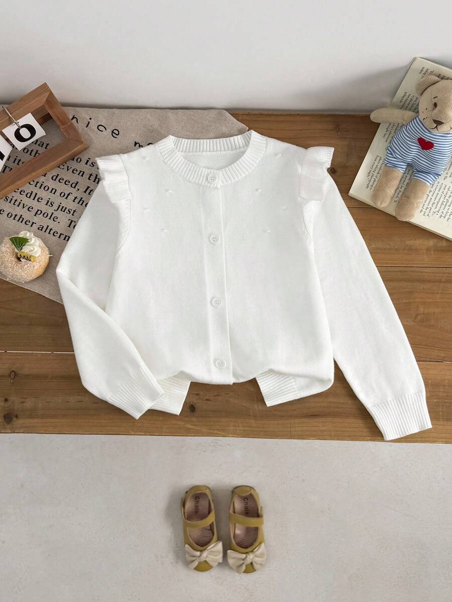 SHEIN Vintaside Kids 1 件可爱圆领花卉蕾丝边长袖针织开衫，时尚白色毛衣，秋季