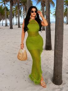 SHEIN SXY Plus Size Women's Spring&Summer Elegant Sexy Daily Basic Boho Colorful Crochet Wavy Pattern High Split Dress, Halter Backless Tassel Hem Vacation Dress,Summer Dresses For Women Green Mesh Maxi Dress Lime Green Maxi Dress Tassel Maxi Dress,Suitable For Everyday Wear,BOHO,Bohemian,Outing,Resort,Beach Vacation,Holiday,Seaside,Western Wear,Music Festival,Concert,Carnival Party,Richly Layered,Date Night,Ibiza,Nashville,Break,Modest,Chic,Club,Cute,Casul,Shopping, Streetwear,Going Out - Green - View 13