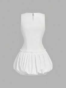 SHEIN MOD Women Crew Neck Sleeveless Bubble Hem White Mini Dress - White - View 2
