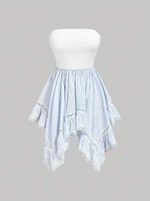 SHEIN MOD Women's White Striped Ruffle Bandeau, Can Be Used As A Skirt Overlay