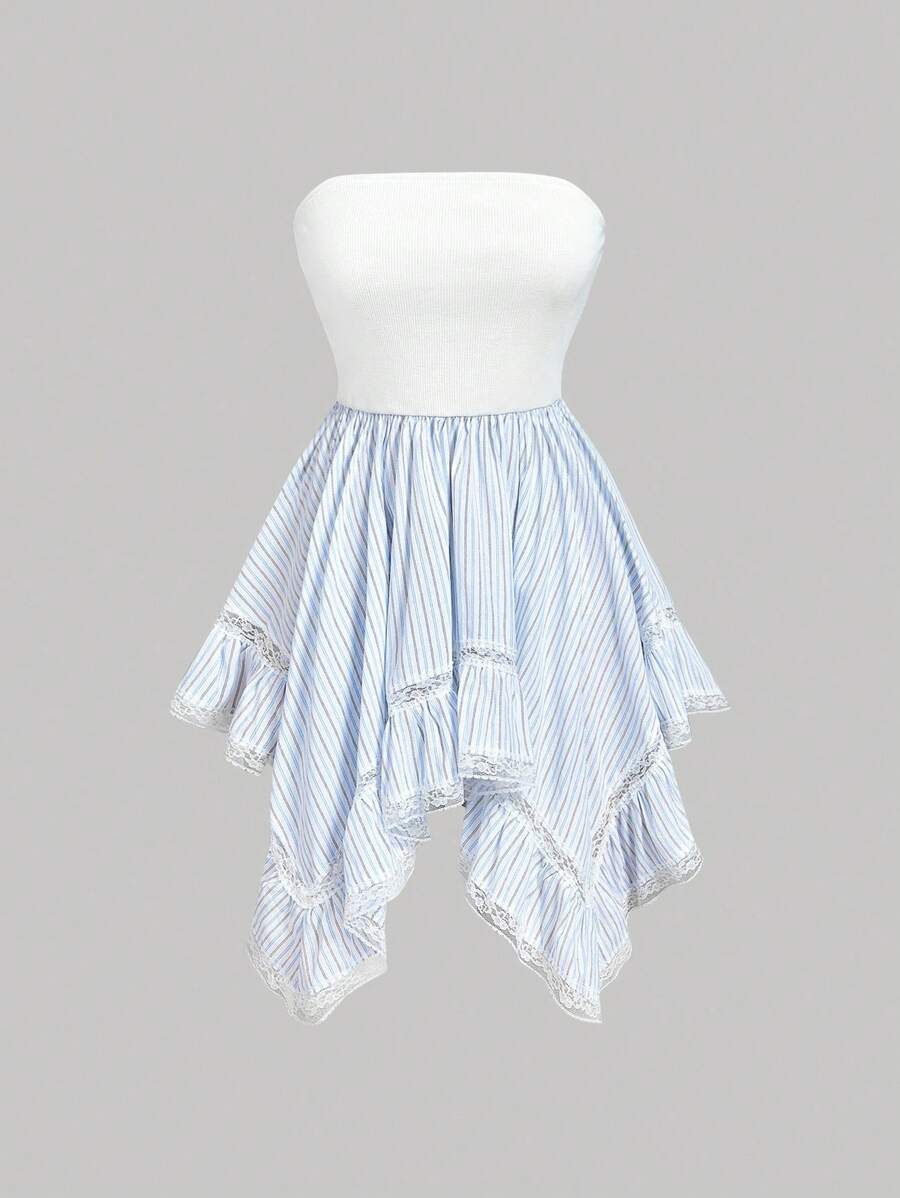 SHEIN MOD Women's White Striped Ruffle Bandeau, Can Be Used As A Skirt Overlay