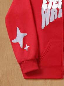 SHEIN 男童休闲字母印花保暖拉链卫衣，秋冬季，圣诞节 - 紅色 - 查看 3