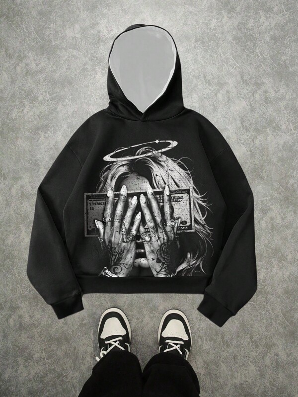 Manfinity ZONE917 Men Street-Style Loose Distressed Angel & Dollar Print Fleece Hoodie (Thickened)