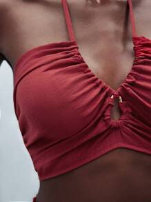 Maija ملابس علوية خزان قصيرة حمراء مفرغة مع تصميم خصر مكشكش وبنطال ساق واسعة، ملابس مريحة وعصرية للعطلات بأسلوب بوهيمي، طقم قطعتين عصري متعدد الاستخدامات للنساء