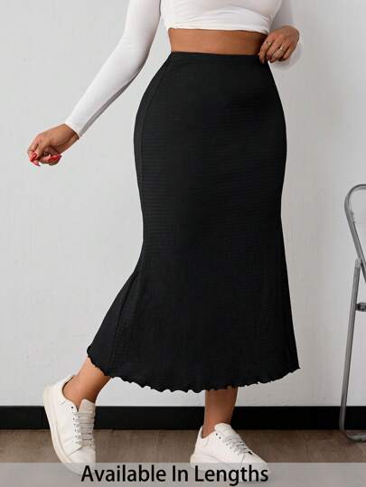 SHEIN PETITE CURVE Plus Size Women Solid Black Mermaid Hem Skirt Summer Outfits Black Skirt
