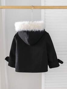 SHEIN Baby Girls Casual Single-Breasted Bow Cuffs Faux Fur Hooded Overcoat, Autumn/Winter Fall - Black - View 2