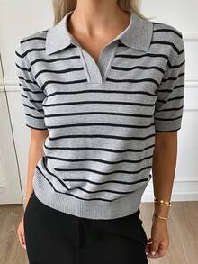 DAZY 女式条纹V领短袖宽下摆针织上衣，休闲 - 灰色 - 查看 4