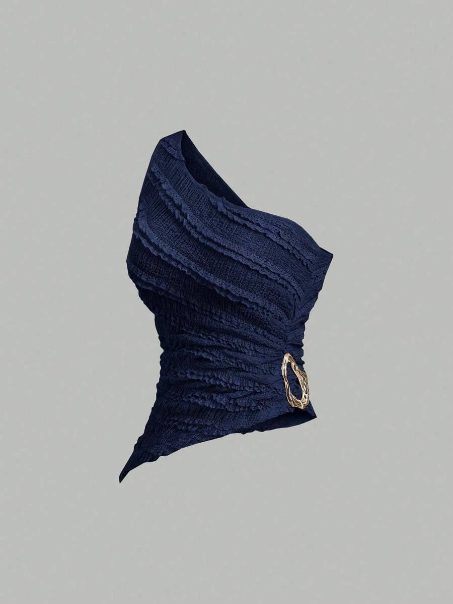 Sweetra 女式春夏新款不对称单肩衬衫，纹理面料适合海滩度假，杏色搭配金属扣装饰