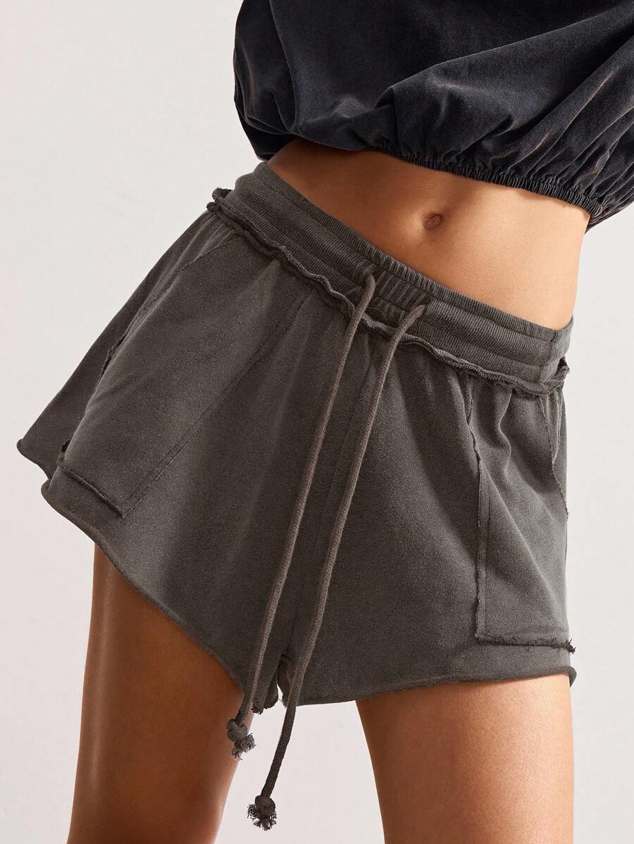 Bohemela Casual Knitted Solid Color Drawstring Waist Women Shorts - Brown - View 1