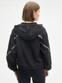 Eassivo Eassivo 女士字母印花拼接夜光带插肩袖连帽运动夹克 - 黑色 - 查看 2