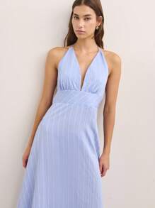 Nöista Striped Halter Maxi Dress With Plunging Neckline And Wide Waistband. Light And Breezy-Perfect For Beach Vacations, Summer Parties, Or A Stunning 4th Of July Look. - Blue - View 2