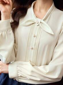 Vintamour 复古优雅仿珍珠纽扣褶皱领长袖衬衫休闲商务/度假装返校可爱上衣女士教师外出上衣女士秋季女士学校假期女士生日女士秋季办公室女士冬季女士乡村音乐会西部装女士教师衬衫女士纽扣衬衫女士工作教堂