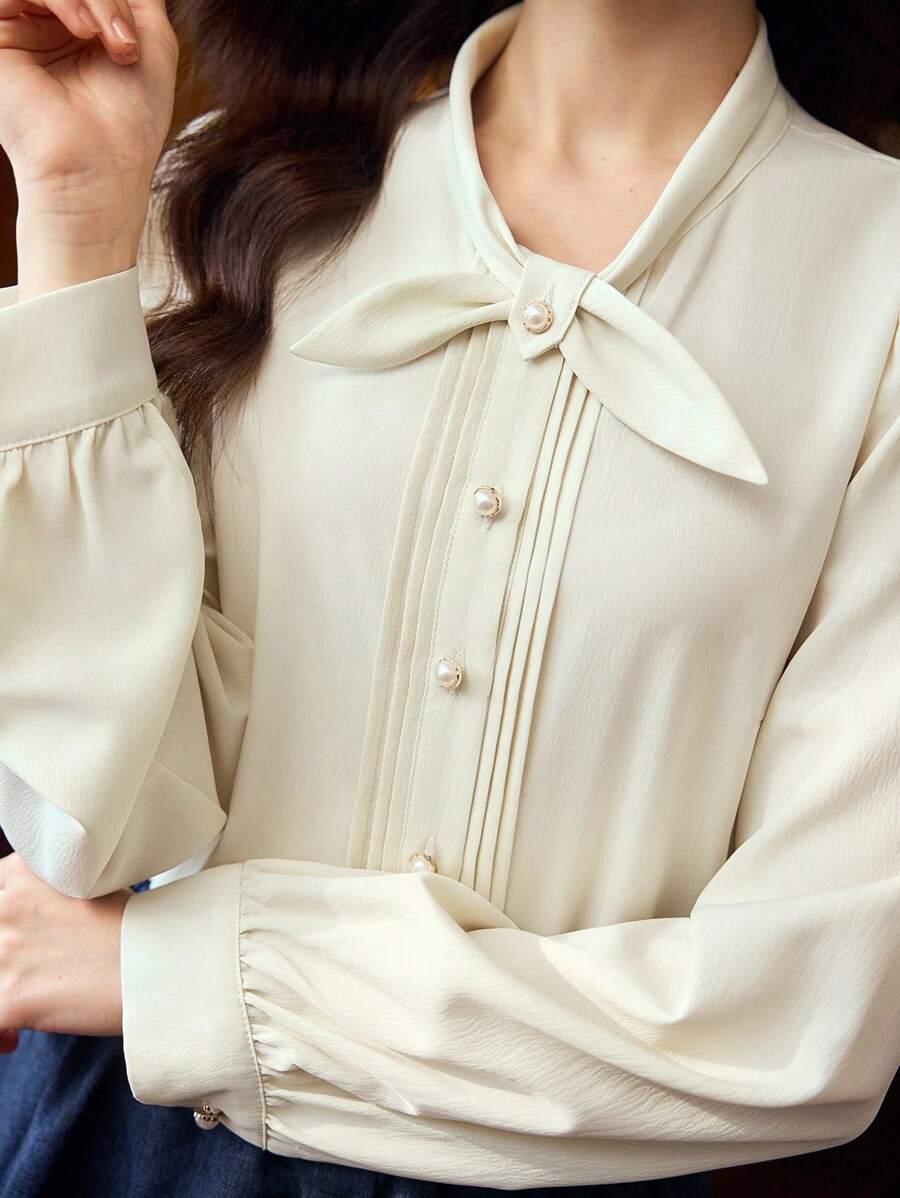 Vintamour 复古优雅仿珍珠纽扣褶皱领长袖衬衫休闲商务/度假装返校可爱上衣女士教师外出上衣女士秋季女士学校假期女士生日女士秋季办公室女士冬季女士乡村音乐会西部装女士教师衬衫女士纽扣衬衫女士工作教堂