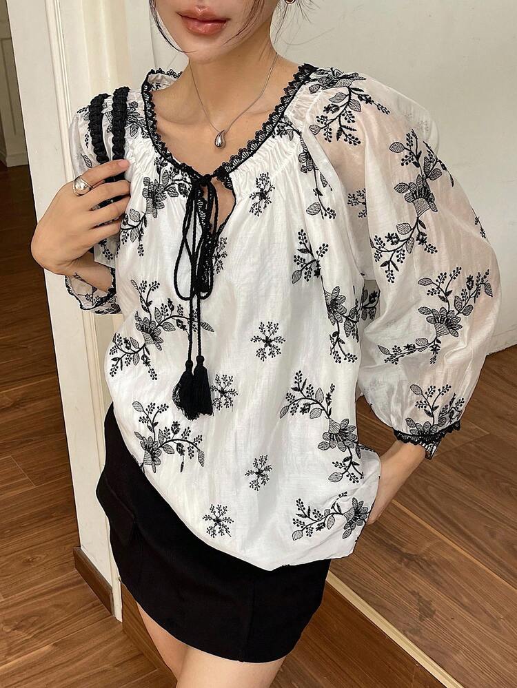 Floral Print Tie Front Shirt For Women, Spring/Summer, Resort Style Boho