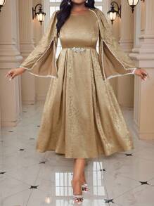 Fleurora 春夏秋冬优雅派对婚礼酒会圣诞节金色金属钻石锁子甲珍珠 3D 玫瑰加大码纯色休闲连衣裙，适合夏季巡航装女士 - 金色 - 查看 4