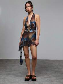 TypaGal Vestido de lujo con estilo oceánico, diseño de estampado degradado azul y marrón, espalda con tirantes sexy, decoración exquisita de strass en forma de estrella de mar en la cintura, bajo asimétrico con apliques de tul, que resalta las curvas encantadoras, adecuado para fiestas de vacaciones o actividades en la playa.