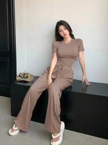 DAZY 2 件套女士夏季休闲纯色修身街头风格短袖上衣和直筒裤套装 - 駝色 - 查看 6
