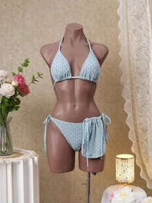 SHEIN Swim 女款純色掛脖綁帶性感比基尼泳衣套裝，夏季海灘 - 淺藍色 - 查看 1