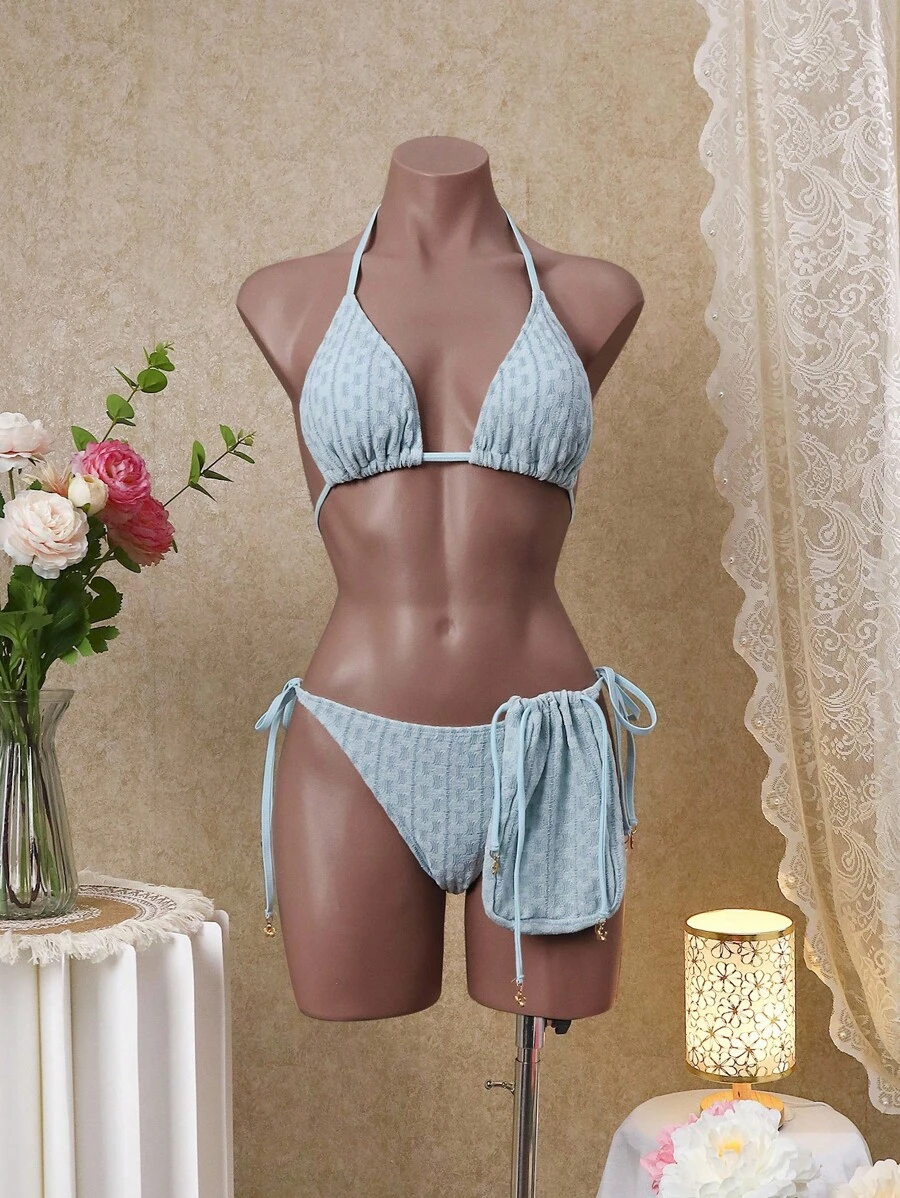 SHEIN Swim 女款純色掛脖綁帶性感比基尼泳衣套裝,夏季海灘 - 淺藍色 - 查看 1