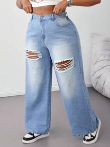 SHEIN Tall CURVE Plus Size Summer Fall Clothes Autumn Clothes Back To School Homecoming Cute 2000s Style Kawaii Y2k Airport For Women Modest Old Money Tulum Women's Casual Loose Distressed Wide,Leg Blue Jeans Ripped Jeans Wide Leg Pants Woman Baggy Jeans