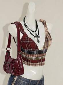 SHEIN ICON Women's Multi-Color Plaid Patchwork Tie Knot Strap Tank Top Plaid Top Plaid Set Scarf Top Buckle Top Aesthetic Tops - Multicolor - View 6