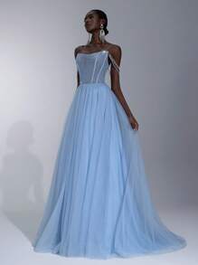 Elitara 奢华优雅的海蓝宝石网眼材质圆领水钻装饰紧身胸衣，配有可调节吊带，透视裙摆 A 字形正式晚礼服（大量装饰） - 藍色 - 查看 4