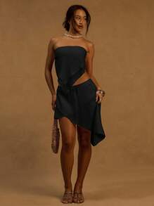 MUSERA Top tube asymétrique en lin avec overlay, pour Ibiza, vacances, plage. Top foulard pour festival, soirée de Noël