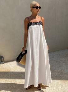 Livesso 女士夏季蕾丝拼接黑白撞色宽松吊带中长连衣裙舞会礼服度假装 - 白色 - 查看 3