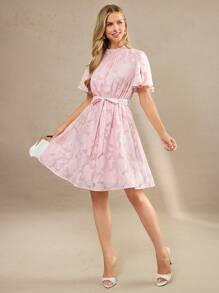 Amorya 女士全身印花系带短袖连衣裙校服演唱会服装教师服女士夏季连衣裙婚礼宾客礼服女士度假服装女士粉色连衣裙女士生日服装