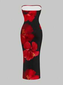 SHEIN SXY Casual Minimalist Vacation Style Sexy Red & Black Clash Color Tropical Floral Print Maxi Dress For Women, Suitable For Summer Vacation Suitable For Going Out Chic Dress - Multicolor - View 3