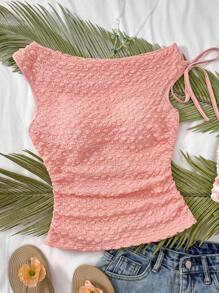 SHEIN Teen Girls Vacation Beige Knitted Fabric Puff Sleeve Asymmetrical Neck Bowknot Waist Ruched Fitted Crop Top, Suitable For Party, City Street, Beach Holiday, Spring/Summer - Coral Pink - View 1