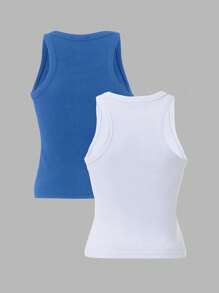 EURMUSE Cotton 2pcs Women Solid Color Ribbed Casual Tank Tops With Round Neck - Blue and White - View 2