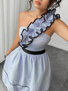 Elenzga Plus Size Women 2-Piece Set:Ruffle Trim Asymmetric Shoulder Jumpsuit & Black Splicing Skirt,Light Blue,Summer,Curve,Elegant,Cocktail Party Vacation - Multicolor - View 5