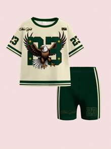 SHEIN Conjunto informal de dos piezas de niña preadolescente con camiseta de manga corta holgada estampada con el número de equipo 23 del águila, texto de Nueva York y patrón de estrella de cinco puntas, acompañada de mallas, adecuado para el verano - Multicolor - Ver 2
