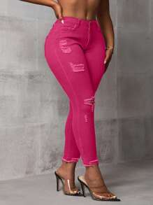 Slaydiva Plus Size Women Pockets Distressed Casual Versatile Skinny Jeans - Hot Pink - View 2
