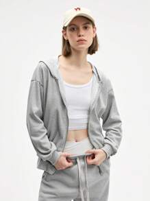 SHEIN Sports 女士灰色长袖拉链卫衣，休闲舒适 - 淺灰色 - 查看 3