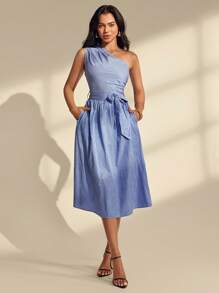 Almamuse Women's Elegant Belted Wide Skirt Stripe Dress - Blue - View 1