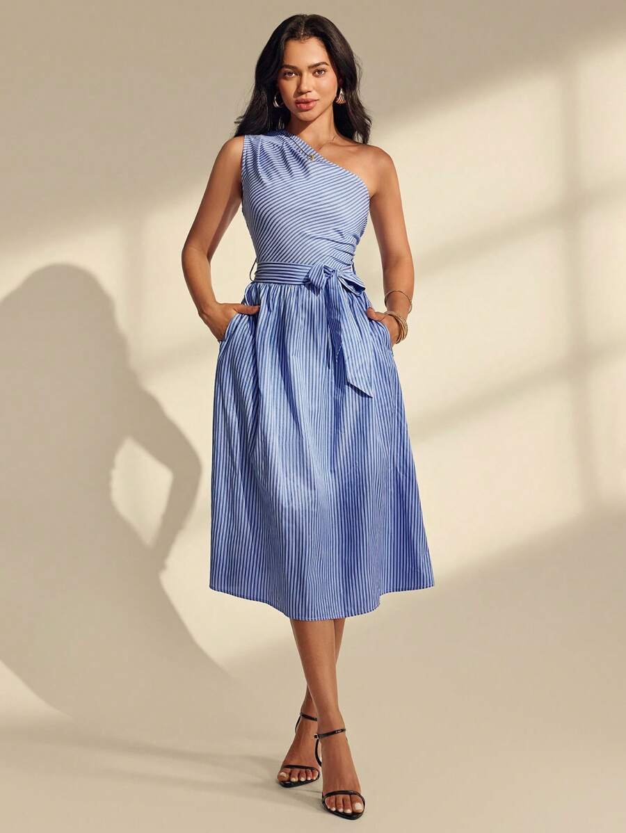 Almamuse Women's Elegant Belted Wide Skirt Stripe Dress - Blue - View 1