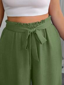 SHEIN PETITE CURVE 大码纯色休闲裤，夏季时尚 - 軍綠色 - 查看 6