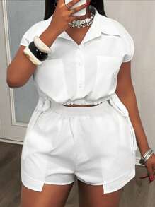Slaydiva Bộ trang phục thường ngày kiểu miền Tây cho nữ cỡ lớn, đa năng cho mùa xuân/hè, gồm áo sơ mi thắt eo màu trơn thanh lịch và quần short thoải mái. - trắng - Xem 4