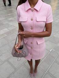 Siren Gaze Fall Must-Have Women's Pink Plaid Short Sleeve Single-Breasted Elegant Mini Dress | 2025 New Arrival Autumn Clothes, Fall Clothes For Back To School & Teacher Outfits | Old Money Style Preppy Chic With Front Metal Button Accents, Modest Business Casual Dress For Daily Commute, Office & Autumn Essential Thanks Giving Party Summer Evening Dress