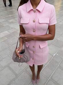 Siren Gaze 秋季必备女士粉色格子短袖单排扣优雅迷你连衣裙 | 2025 新款秋装，适合返校和教师装的秋季服装 | 老钱风格学院风时尚前部金属纽扣装饰，适合日常通勤、办公室和秋季必备的朴素商务休闲连衣裙